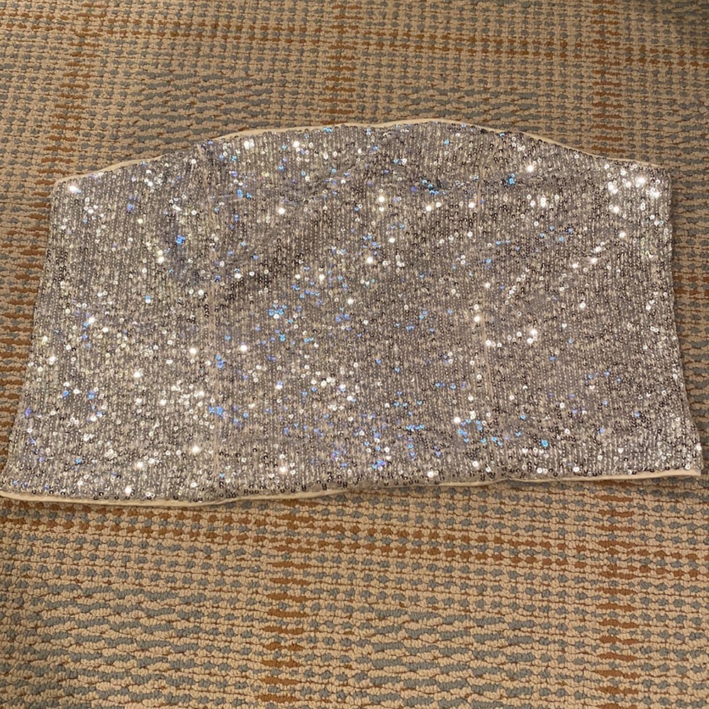 Sequin Strapless Crop Top - Silver Sparkle